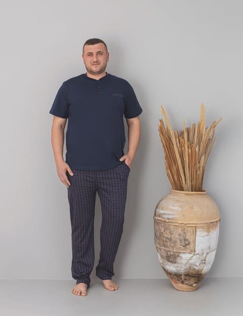Чоловіча бавовняна піжама "Cameron Premium" батал футболка та штани в клітину, синій